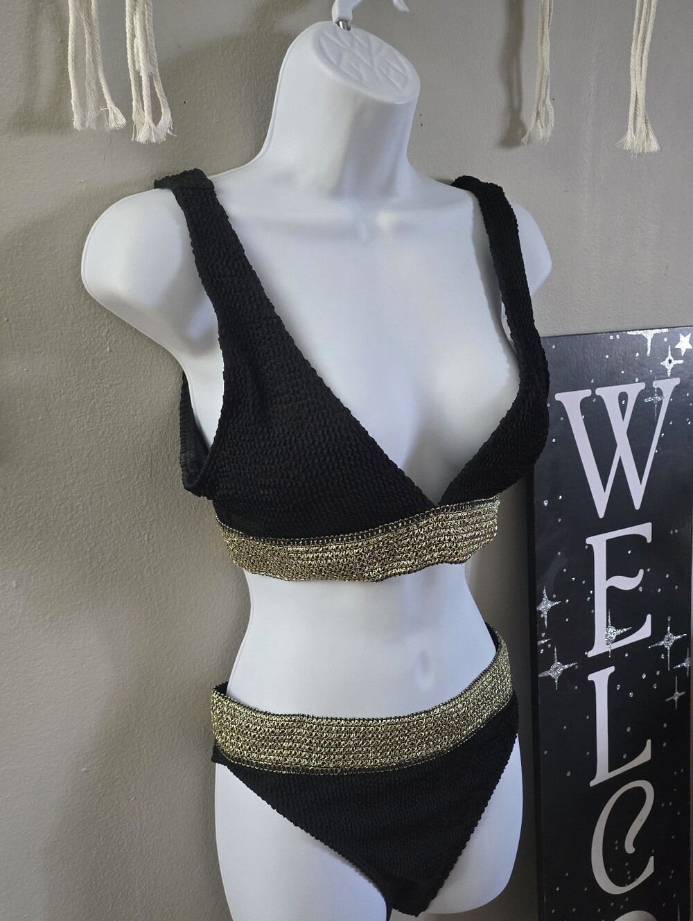 Textured, Black & Gold Two-Piece Bikini Set - Picture 5 of 6